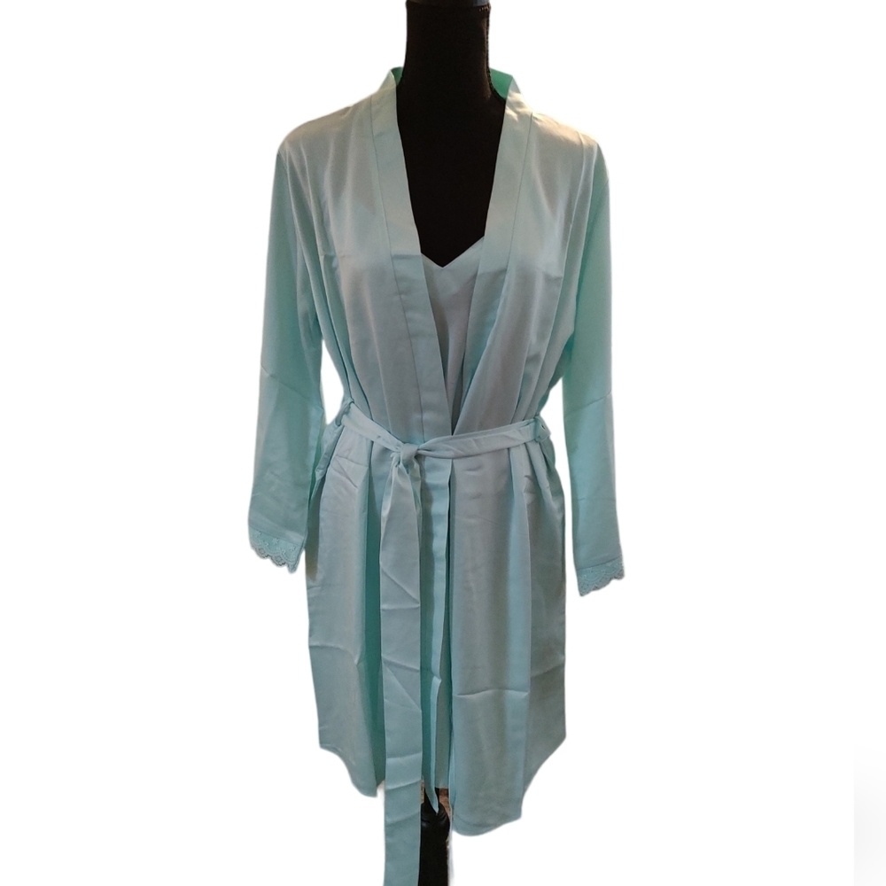Flora Nikrooz Charmeuse Robe & Chemise Set in Lt.Aqua Sz.XS NWT